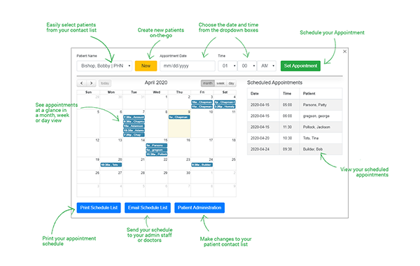 Easily schedule appointments and consults using the built-in patient scheduling system