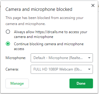 Browser settings for webcam and microphone